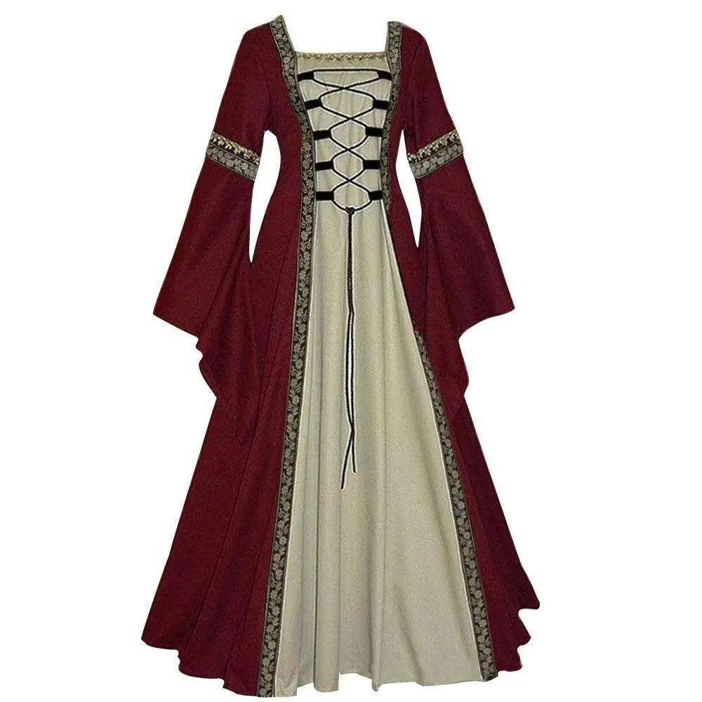 Gothic retro women's Medieval Court Costume Robe large size trumpet sleeve long dress - Azufun