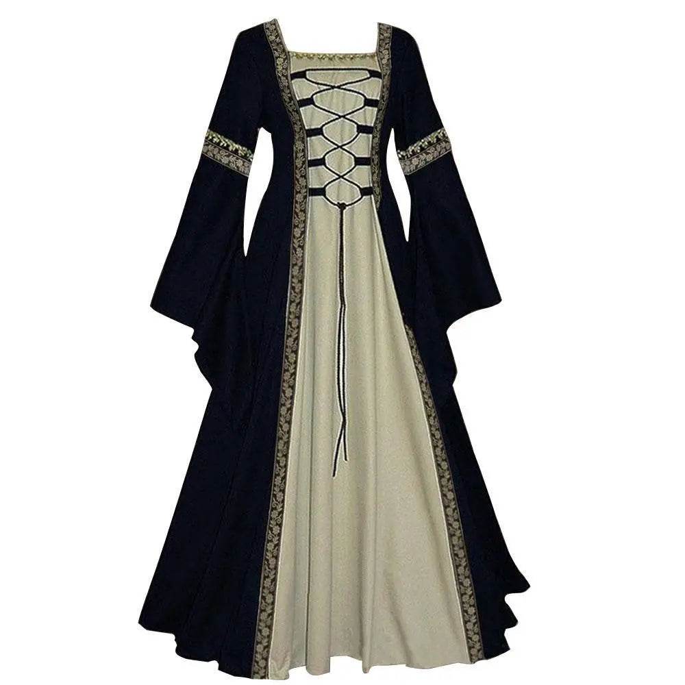 Gothic retro women's Medieval Court Costume Robe large size trumpet sleeve long dress - Azufun