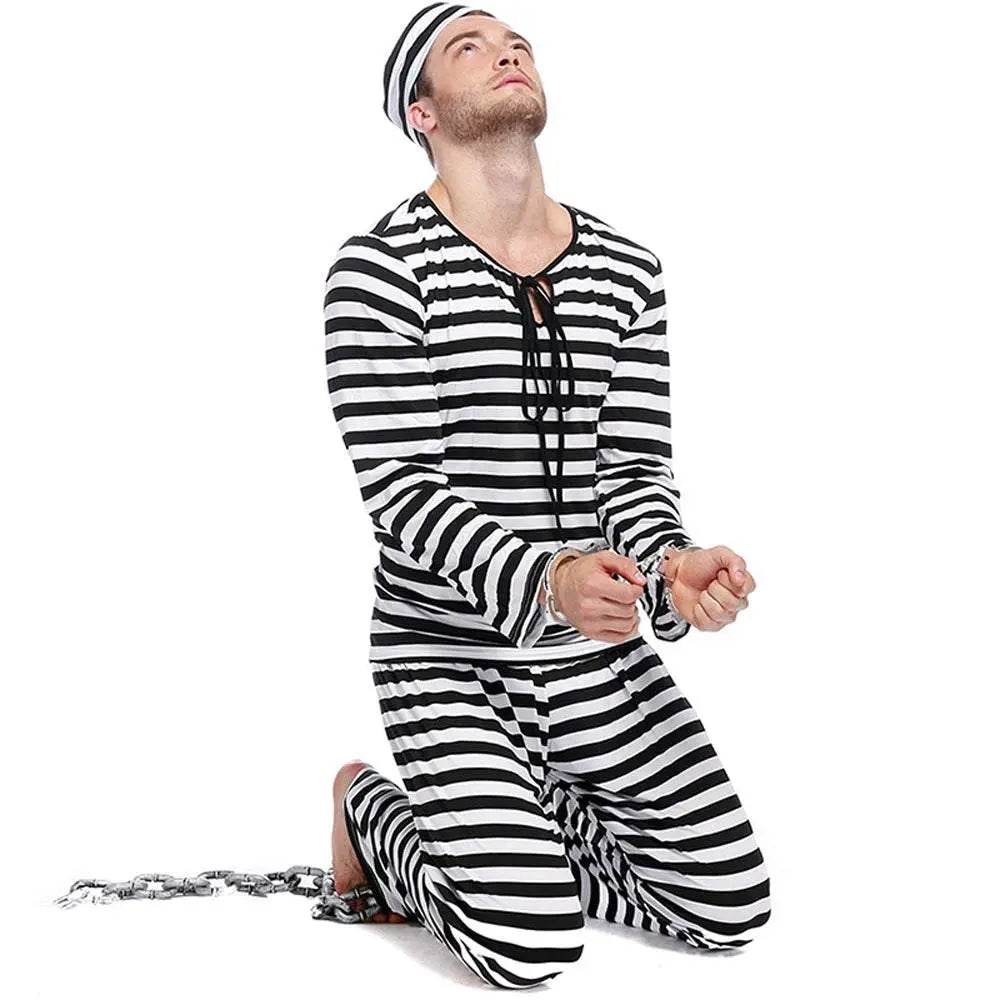 Halloween Adult Kid Striped Prison Costume Hat Top Pants Dress Set - Azufun