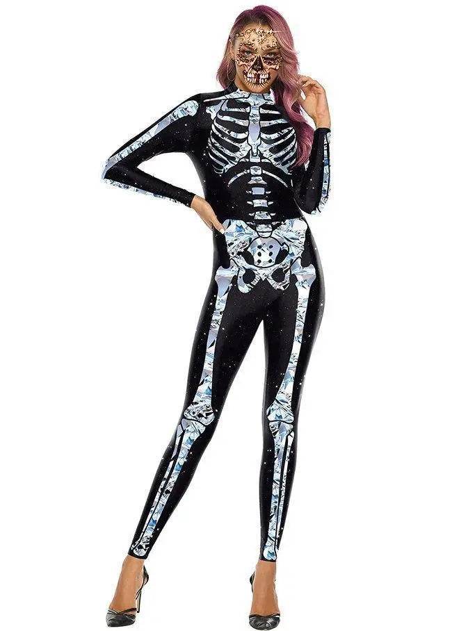 Halloween White Skeleton Elastic Bodycon Jumpsuit Cosplay Costume - Azufun