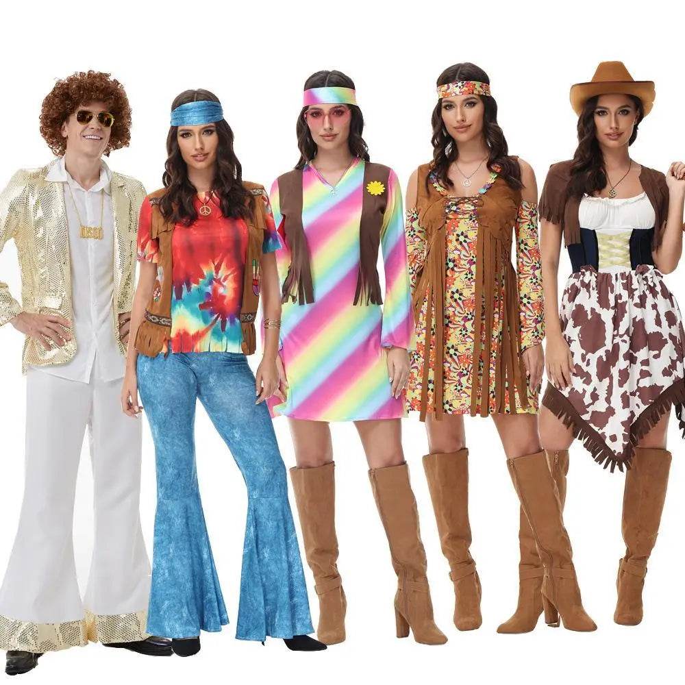 Halloween cosplay Adult retro 70s disco Hippie Fancy Dress Costume - Azufun