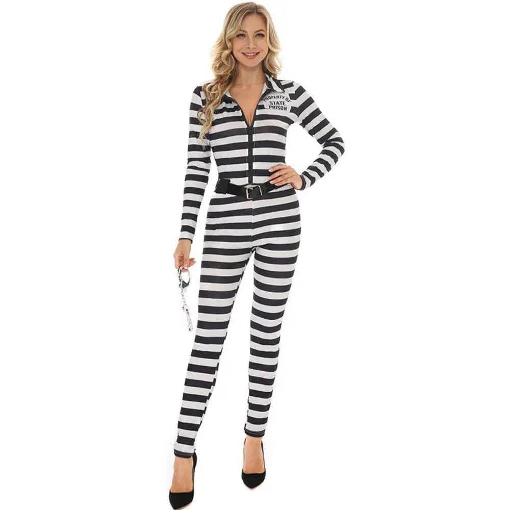 Halloween woman black and white striped prisoner costume - Azufun