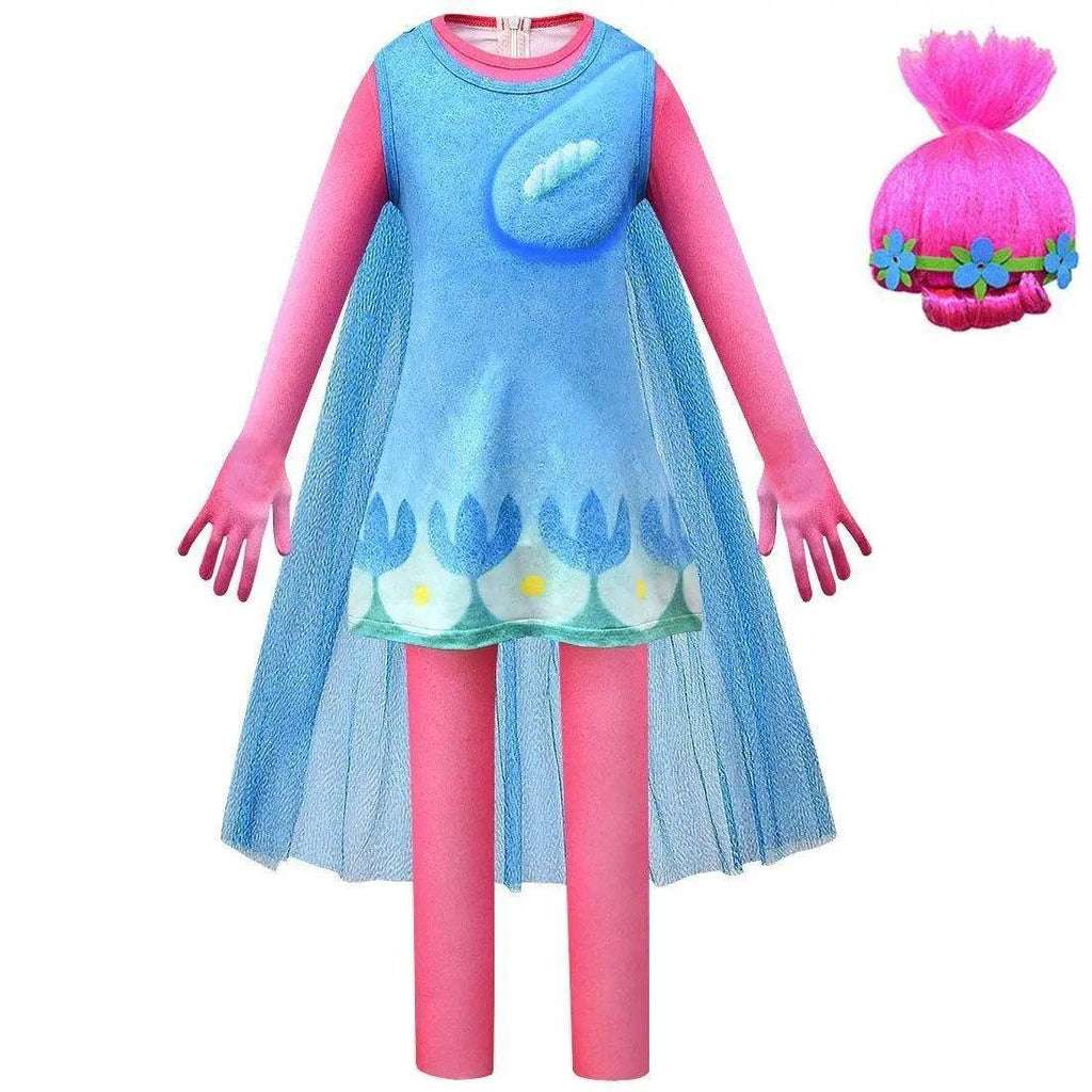Kids Girl Trolls 2 World Tour Poppy Costume Cosplay ZenTai Short Sleeve Cape Dress - Azufun