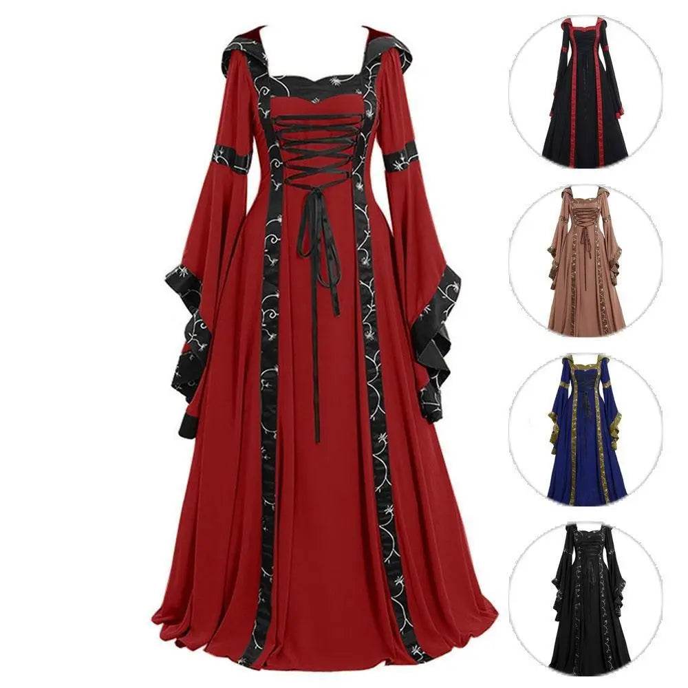 Medieval Retro Hooded Dress Costume Square Neck Tie Trumpet Sleeves Big Swing Skirt - Azufun