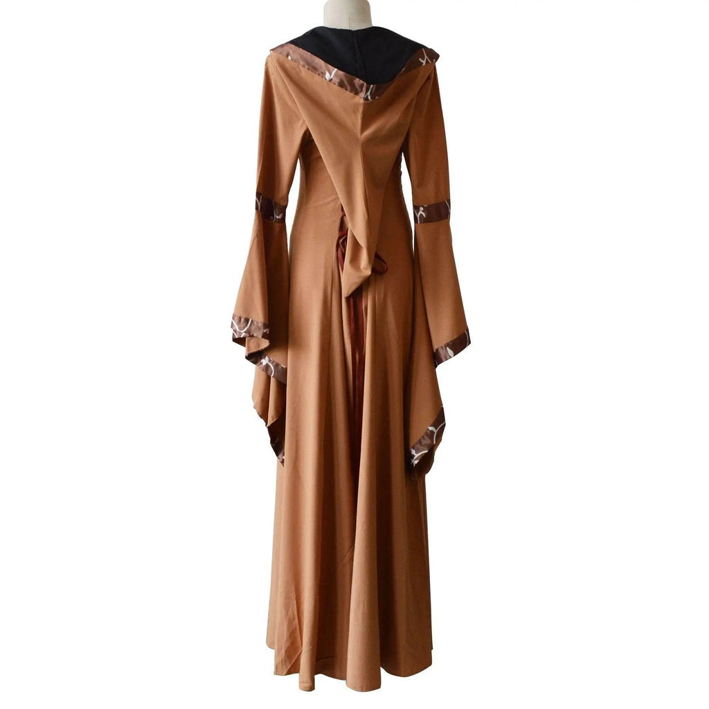Medieval Retro Hooded Dress Costume Square Neck Tie Trumpet Sleeves Big Swing Skirt - Azufun