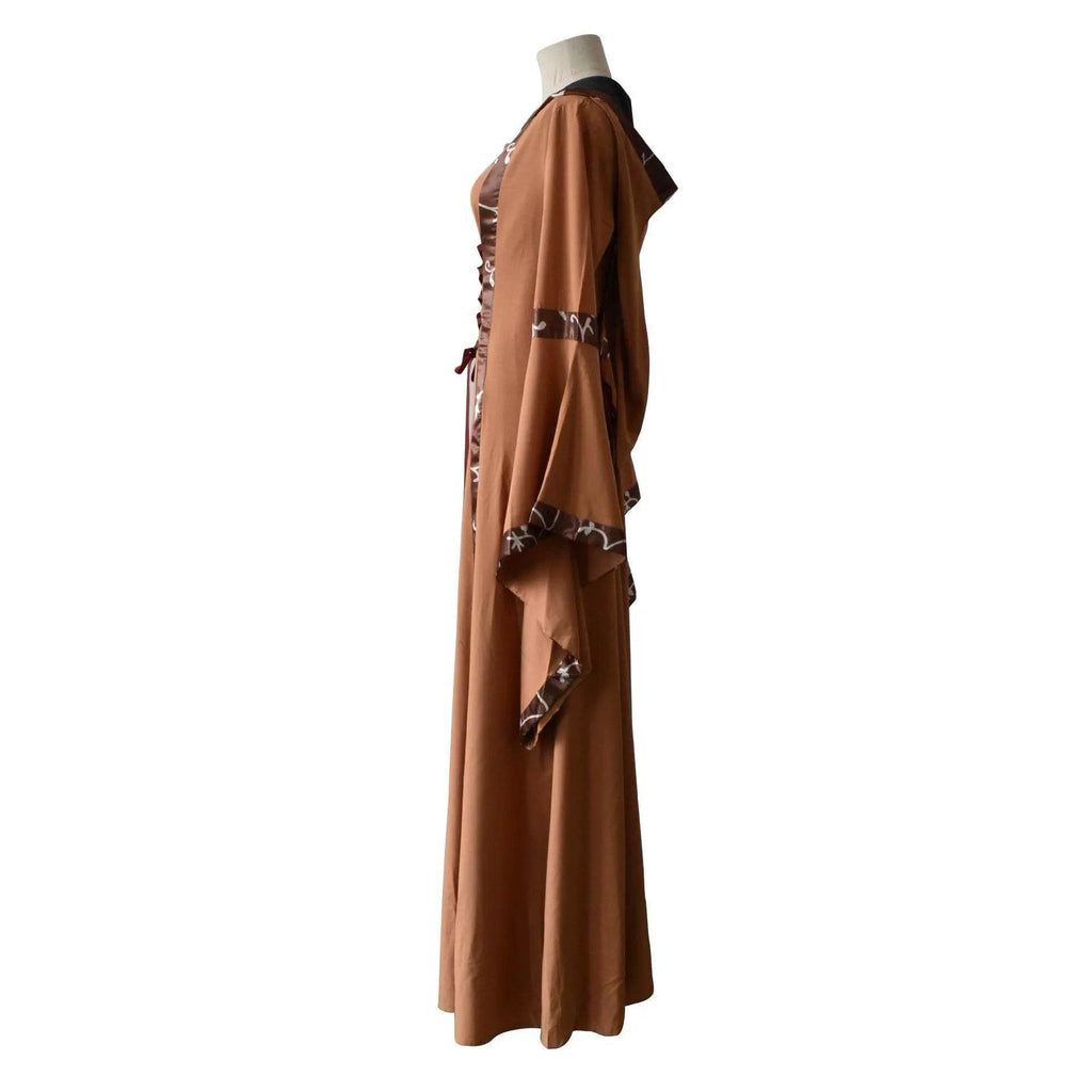 Medieval Retro Hooded Dress Costume Square Neck Tie Trumpet Sleeves Big Swing Skirt - Azufun