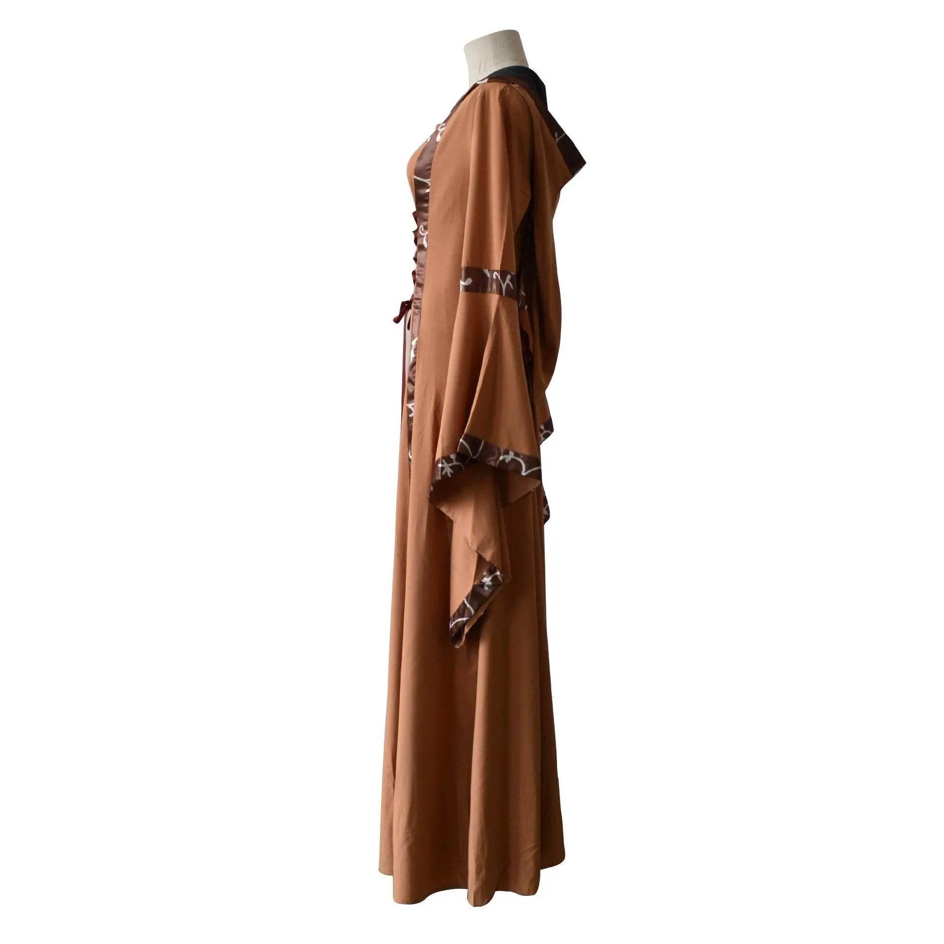 Medieval Retro Hooded Dress Costume Square Neck Tie Trumpet Sleeves Big Swing Skirt - Azufun