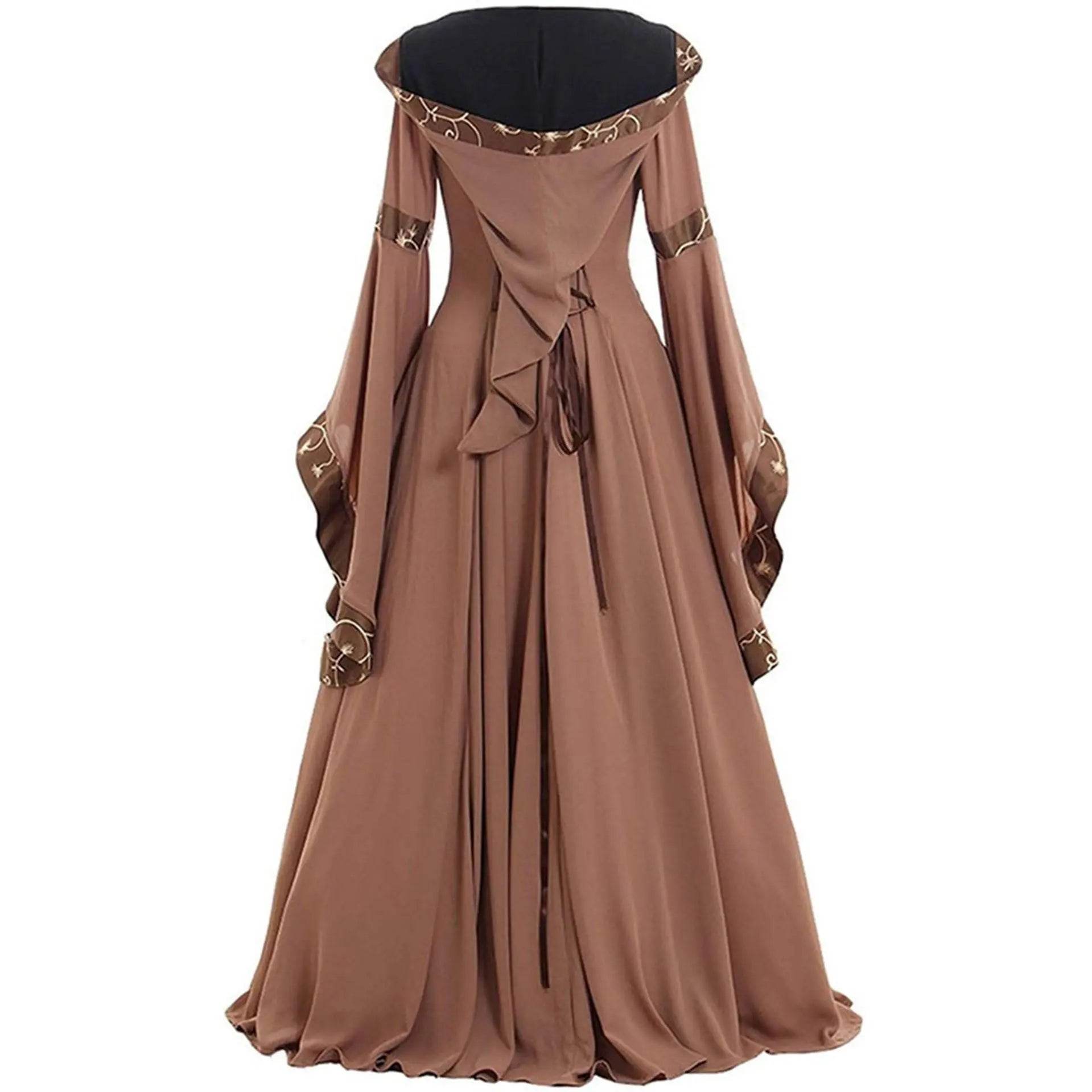 Medieval Retro Hooded Dress Costume Square Neck Tie Trumpet Sleeves Big Swing Skirt - Azufun