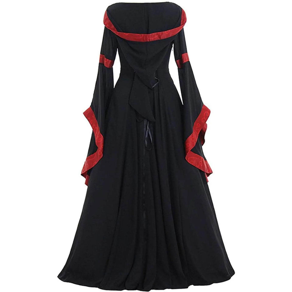 Medieval Retro Hooded Dress Costume Square Neck Tie Trumpet Sleeves Big Swing Skirt - Azufun