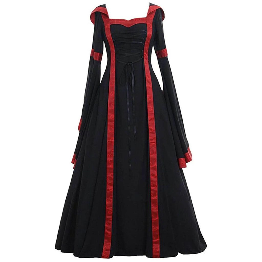 Medieval Retro Hooded Dress Costume Square Neck Tie Trumpet Sleeves Big Swing Skirt - Azufun