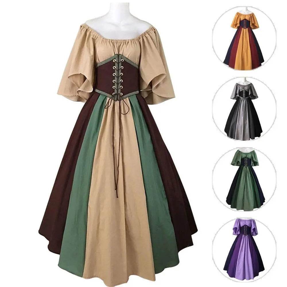 Medieval retro flying sleeves tie waist long one shoulder dress For Women - Azufun