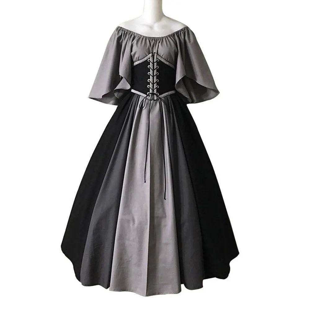 Medieval retro flying sleeves tie waist long one shoulder dress For Women - Azufun