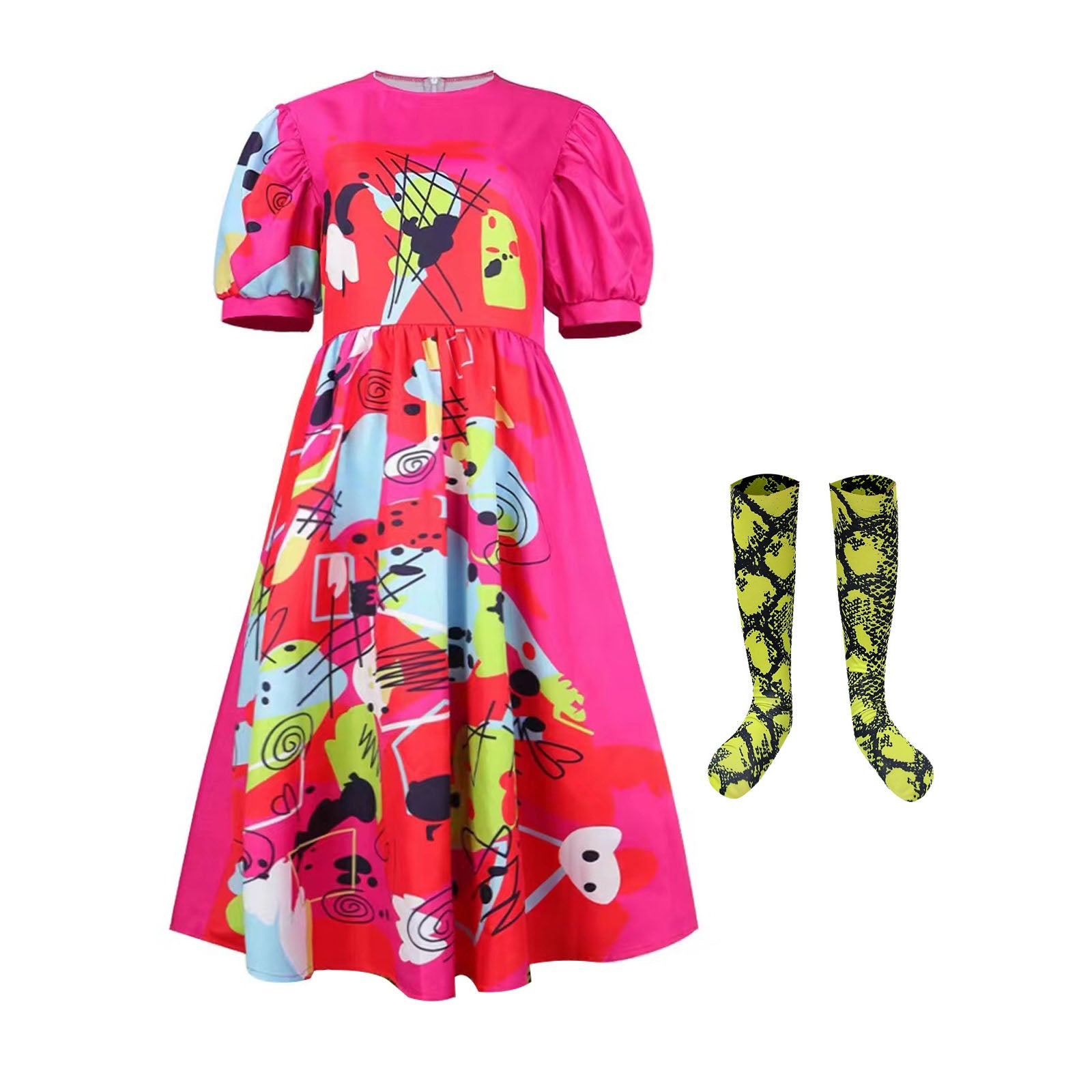 Weird Barbie Costume Movie Margot Long Puff Sleeve Dress Halloween Outfits Cosplay Carnival Suit Kids