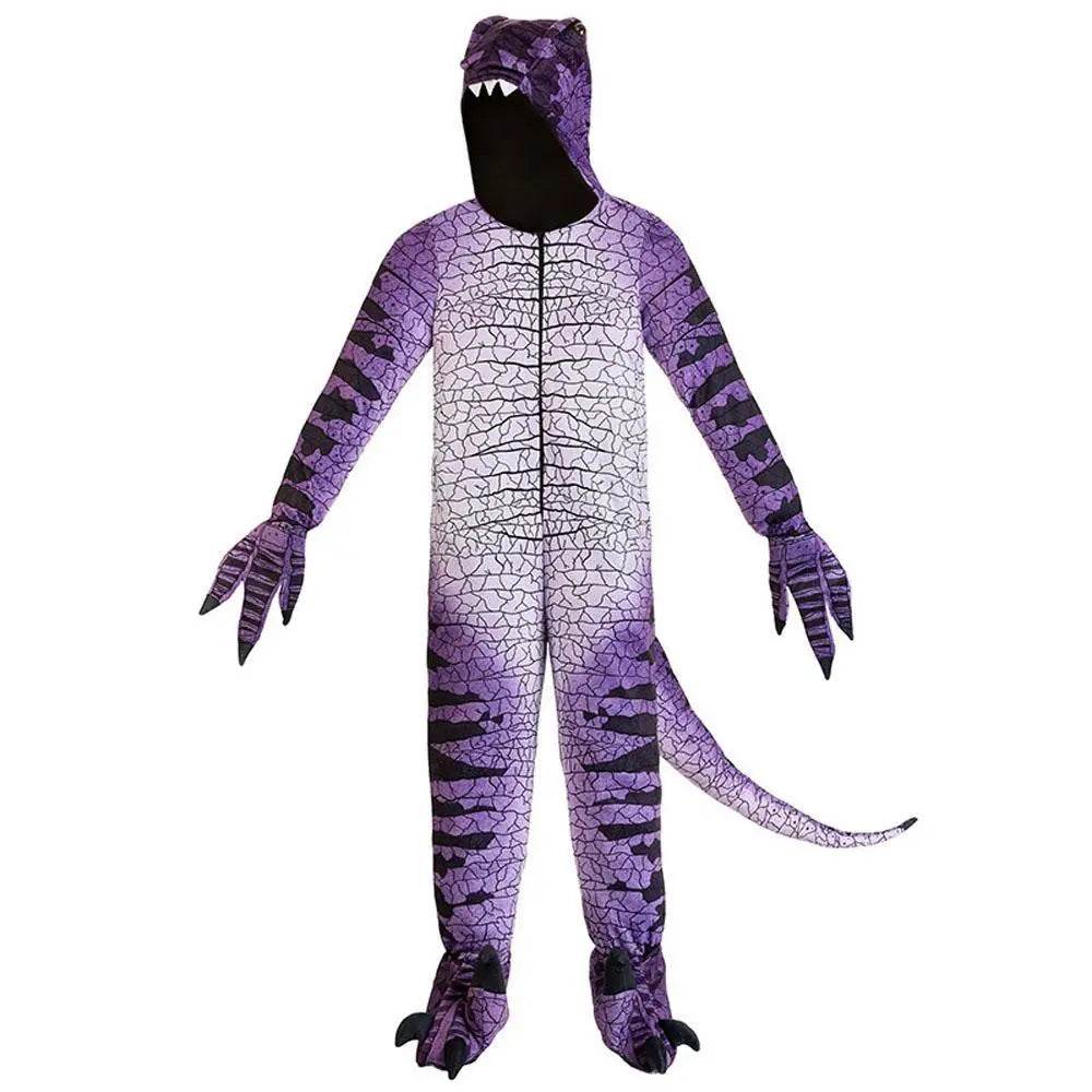 Ravenous Raptor Dinosaur Cosplay Costume Purple Hooded Jumpsuit Outfit Halloween for Kids - Azufun