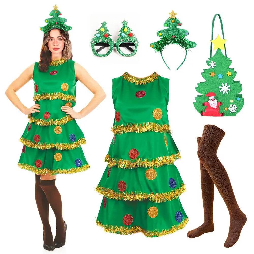 Women Christmas Tree Costume Green Elf Skirt Set - Azufun