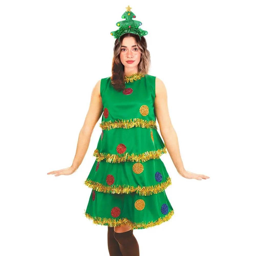 Women Christmas Tree Costume Green Elf Skirt Set - Azufun