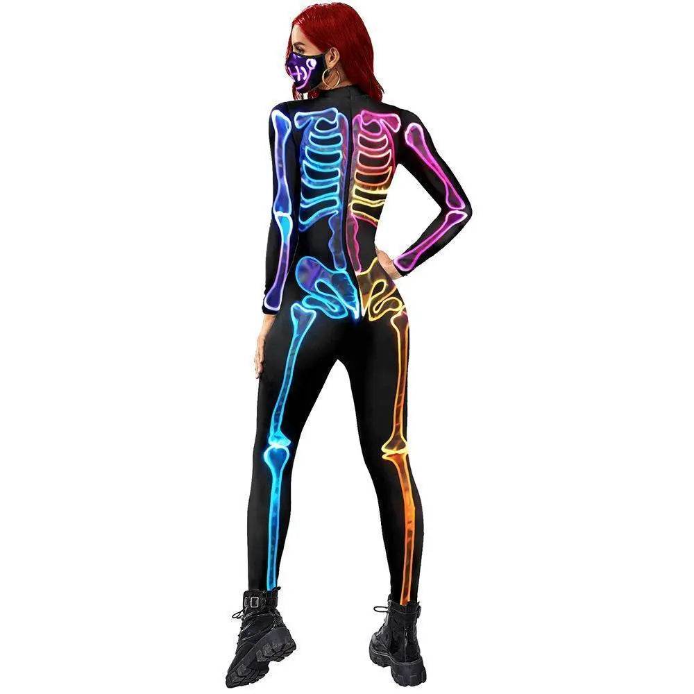 Women Halloween Jumpsuit Skull Cosplay Costume Funny Skeleton Halloween Bodysuit Skinny Catsuit - Azufun