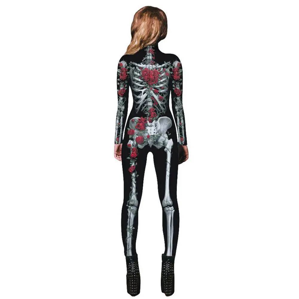 Women Printed Rose Skull Skeleton Catsuit Halloween Costume - Azufun