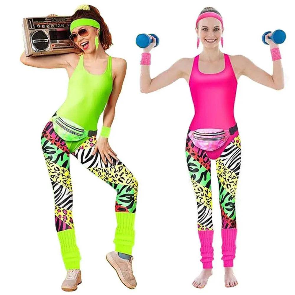 Women Robbie 80s Workout Costume Fancy Dress Halloween Fanny Pack Wristband Earrings - Azufun