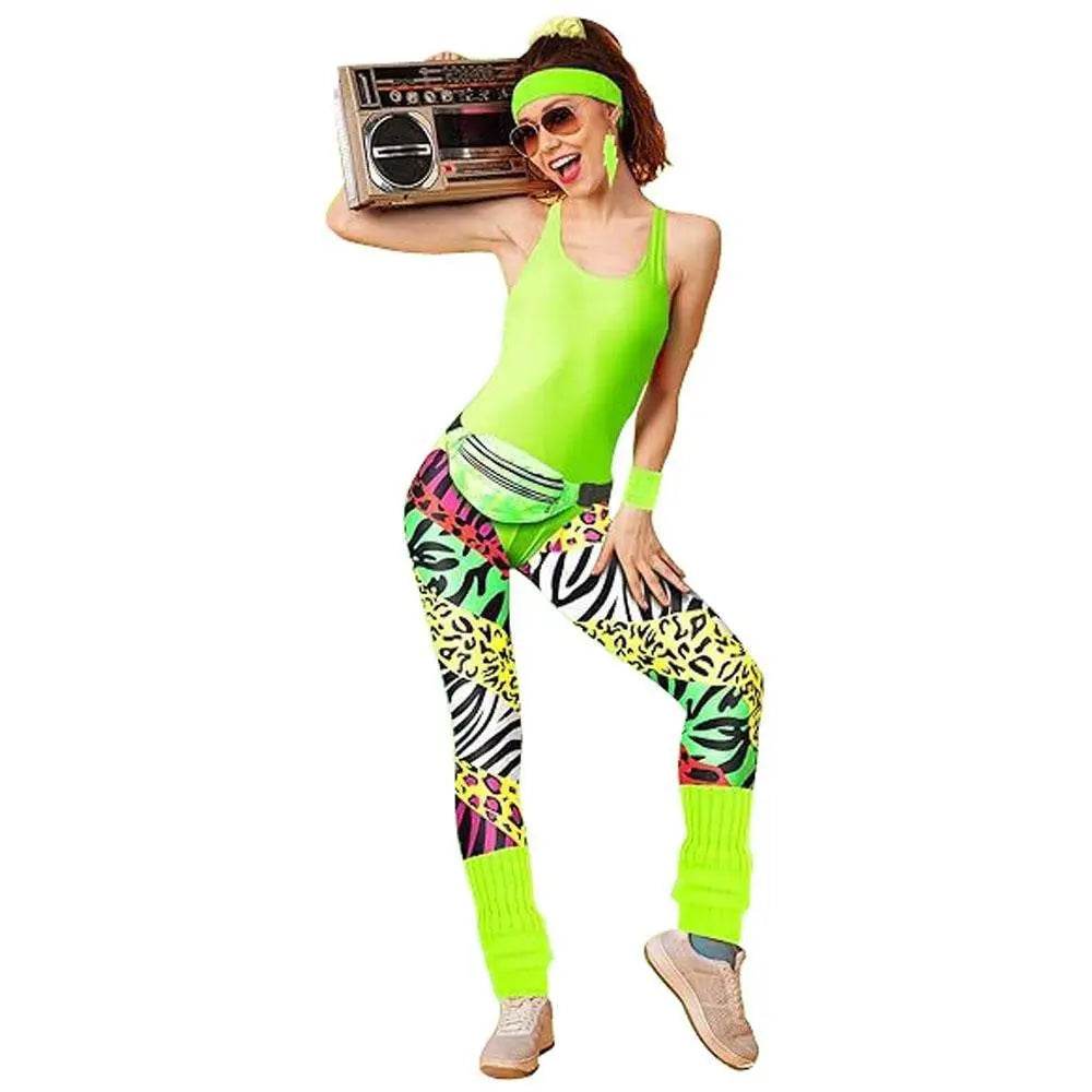 Women Robbie 80s Workout Costume Fancy Dress Halloween Fanny Pack Wristband Earrings - Azufun