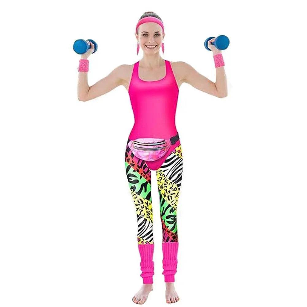 Women Robbie 80s Workout Costume Fancy Dress Halloween Fanny Pack Wristband Earrings - Azufun