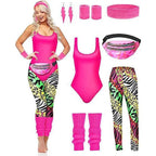 Women Robbie 80s Workout Costume Fancy Dress Halloween Fanny Pack Wristband Earrings - Azufun