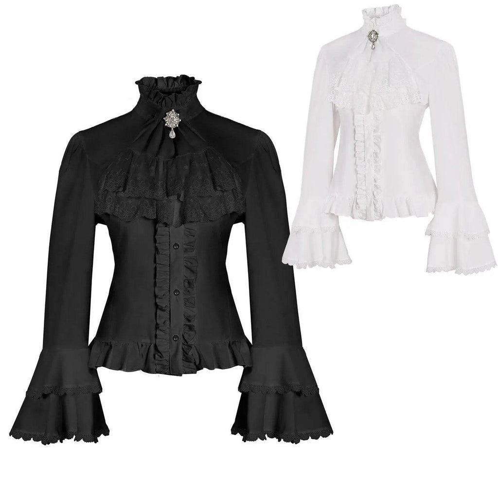 Women's Lolita Palace Retro Blouse Long Bell Sleeve Ruffled Shirt - Azufun