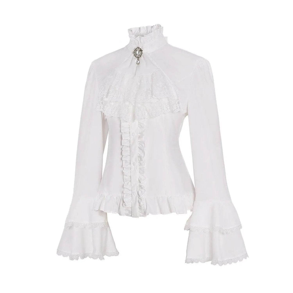 Women's Lolita Palace Retro Blouse Long Bell Sleeve Ruffled Shirt - Azufun