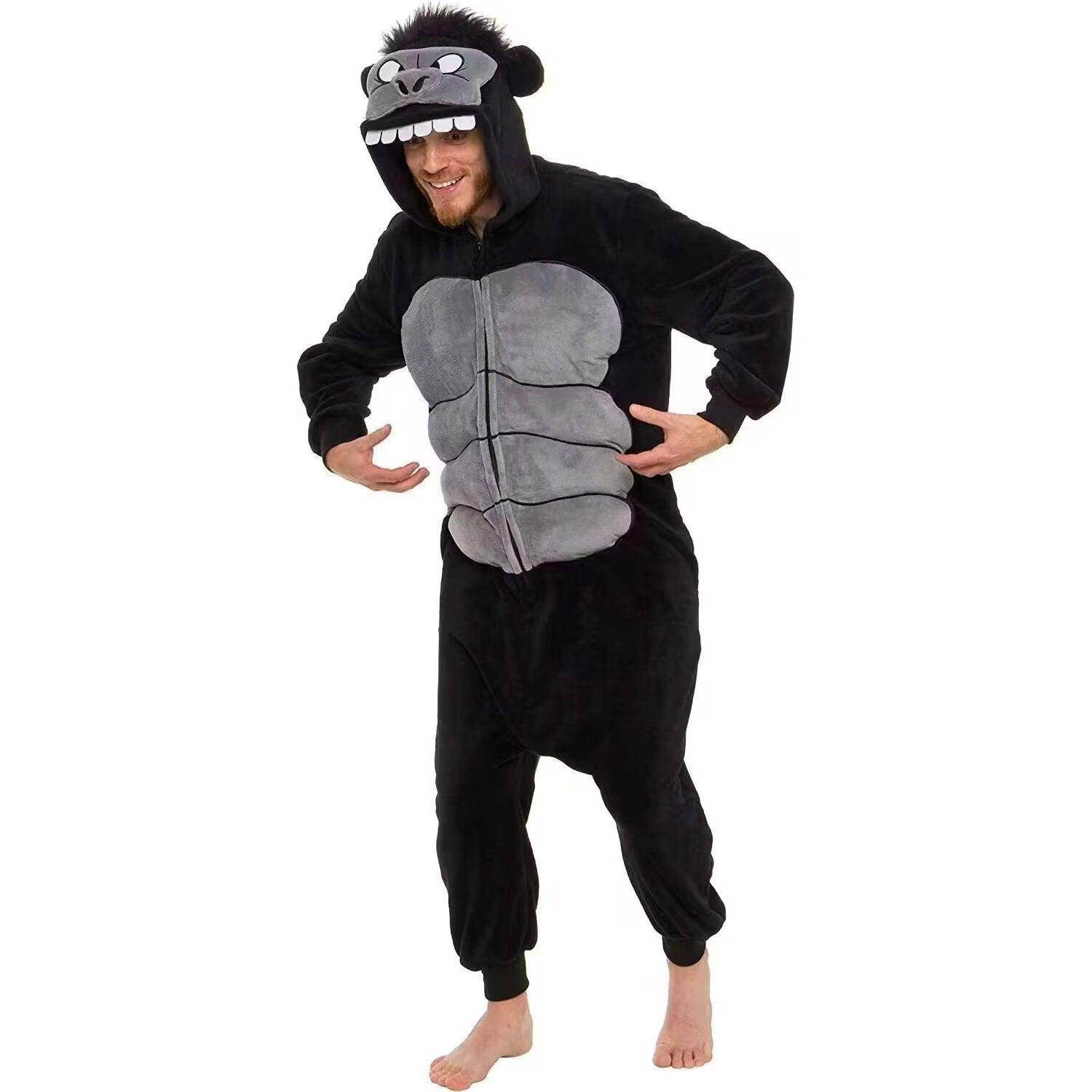 Black King Kong Costume Suit Cartoon Animal Kigurumi Flannel Onesie for Adults - Azufun