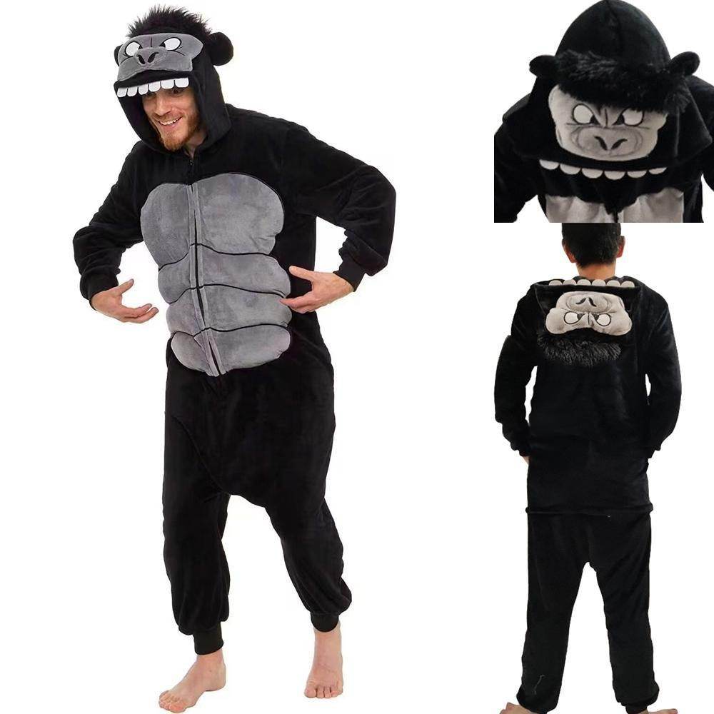 Black King Kong Costume Suit Cartoon Animal Kigurumi Flannel Onesie for Adults - Azufun