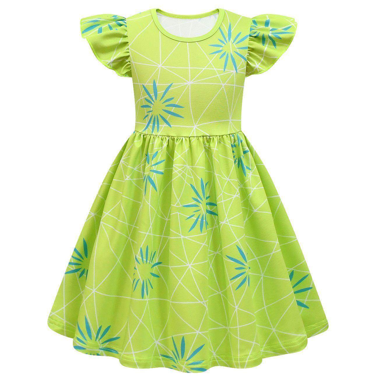 Inside Out Joy Cosplay Costume Dress for Girls Flutter Sleeve A Line Dress with Bag - Azufun