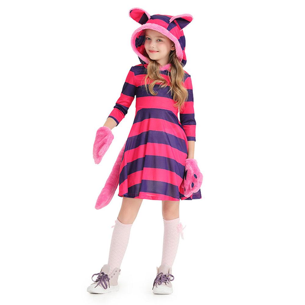Purple Striped The Cheshire Cat Dress Halloween Outfits Carnival Cosplay Costume For Kids