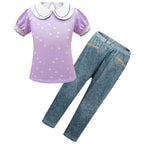 Spirit Costumes Sets Purple Puff Sleeve Trousers Two Piece Suits for Girls