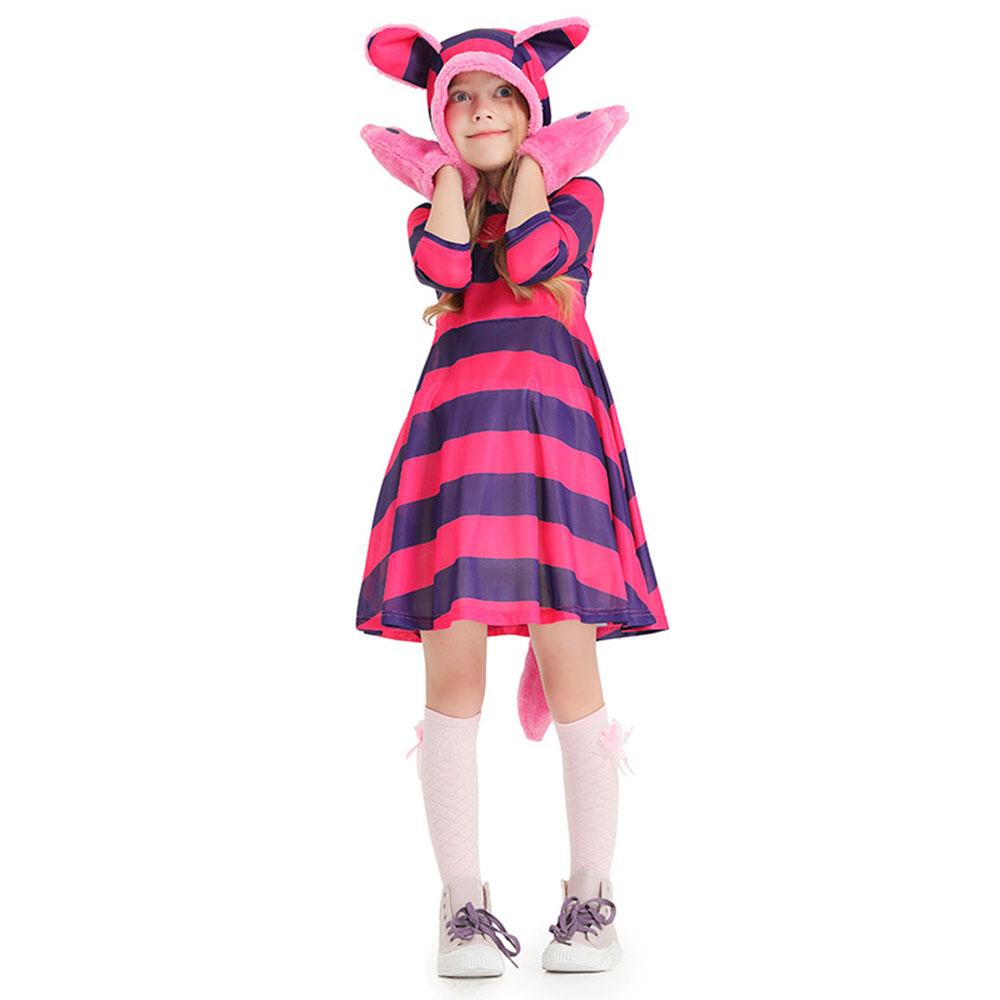 Purple Striped The Cheshire Cat Dress Halloween Outfits Carnival Cosplay Costume For Kids