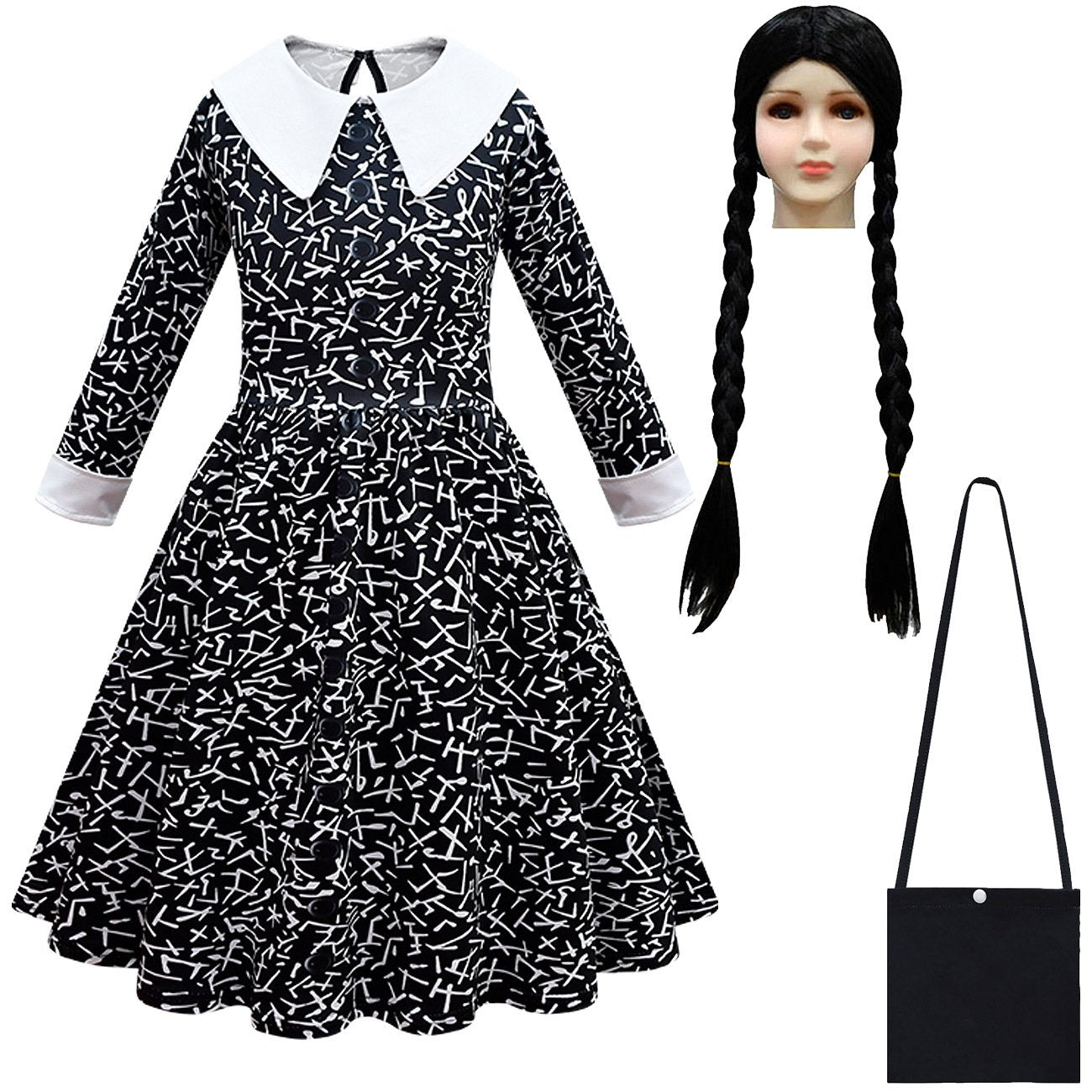 Wednesday Costume The Addams Family Cosplay Lapel Print Dress For Kids - Azufun