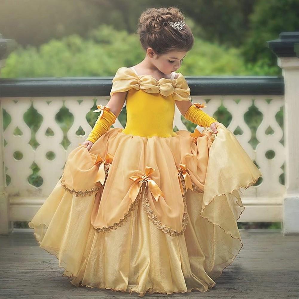 Girls Belle Cinderella Snow White Princess Costume Long Tutu Dress - Azufun