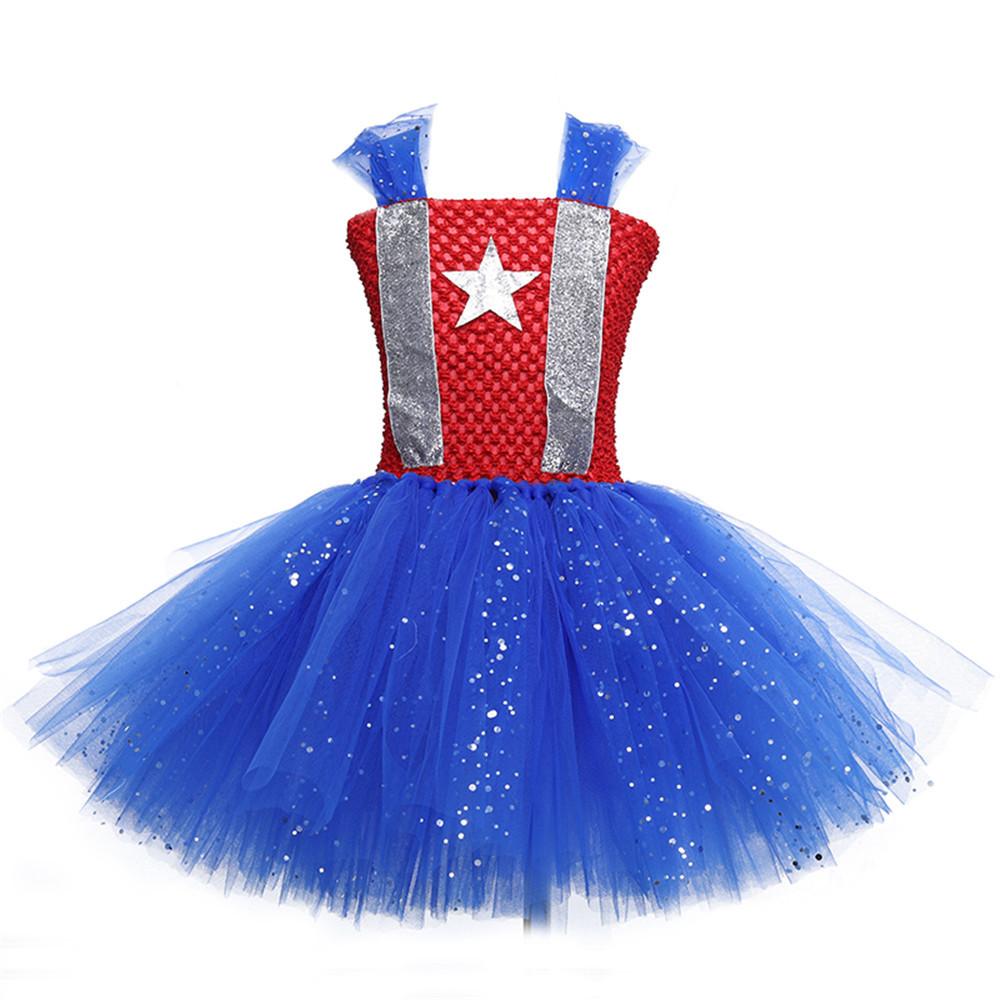 Captain America Superhero Cosplay Costume Kids Princess Dress Halloween Birthday Party for Girls