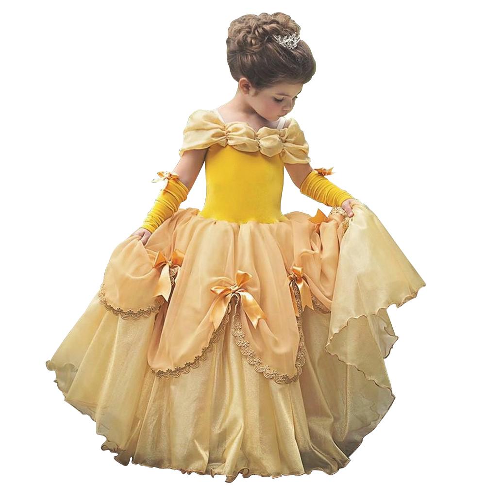 Girls Belle Cinderella Snow White Princess Costume Long Tutu Dress - Azufun