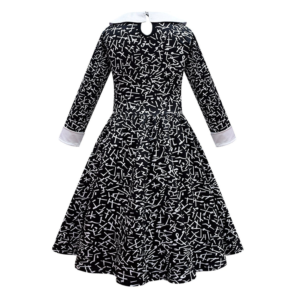 Wednesday Costume The Addams Family Cosplay Lapel Print Dress For Kids - Azufun