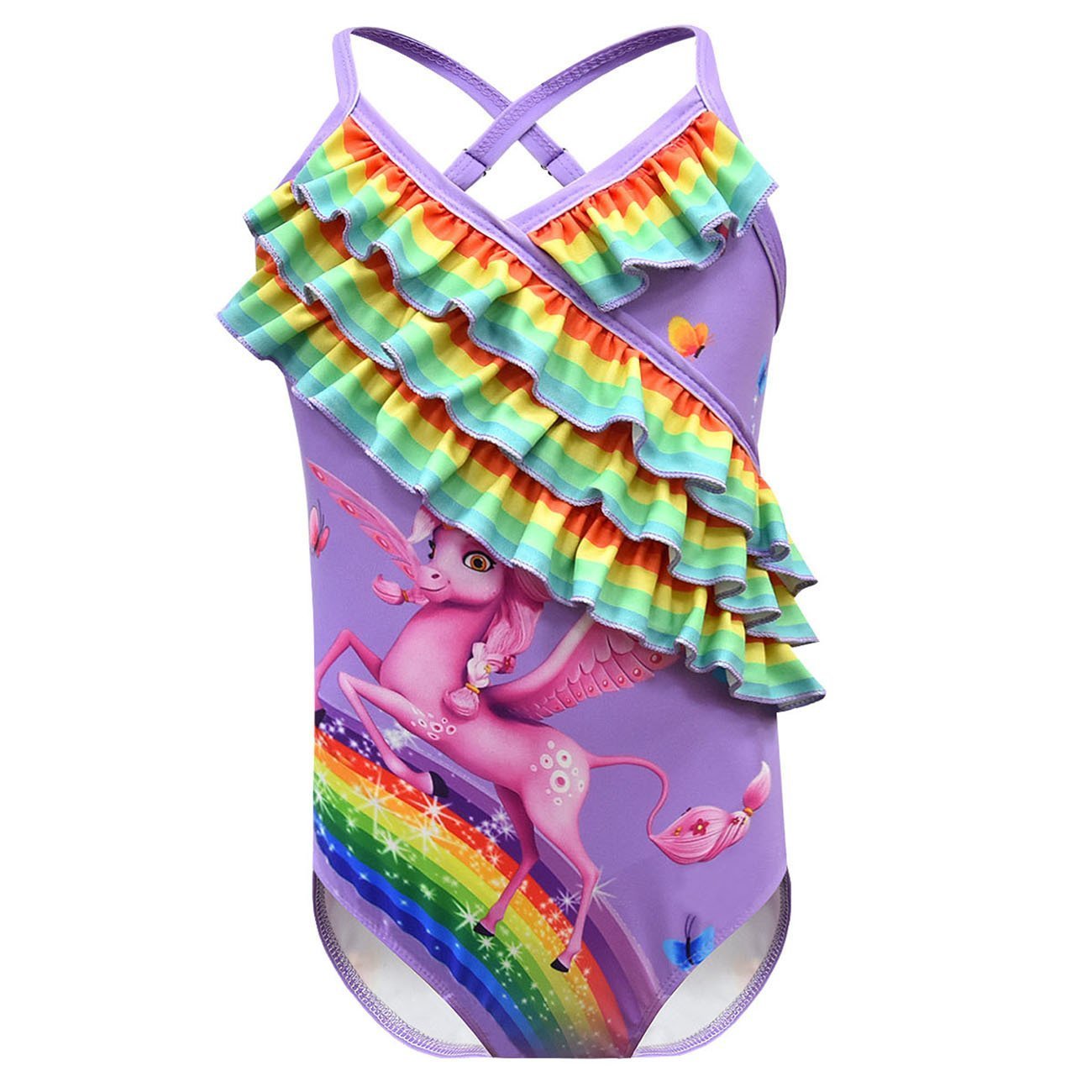 Girls One Piece Swimsuits unicorn Print Ruffle Swimwear Cross-strap sling Swimwear