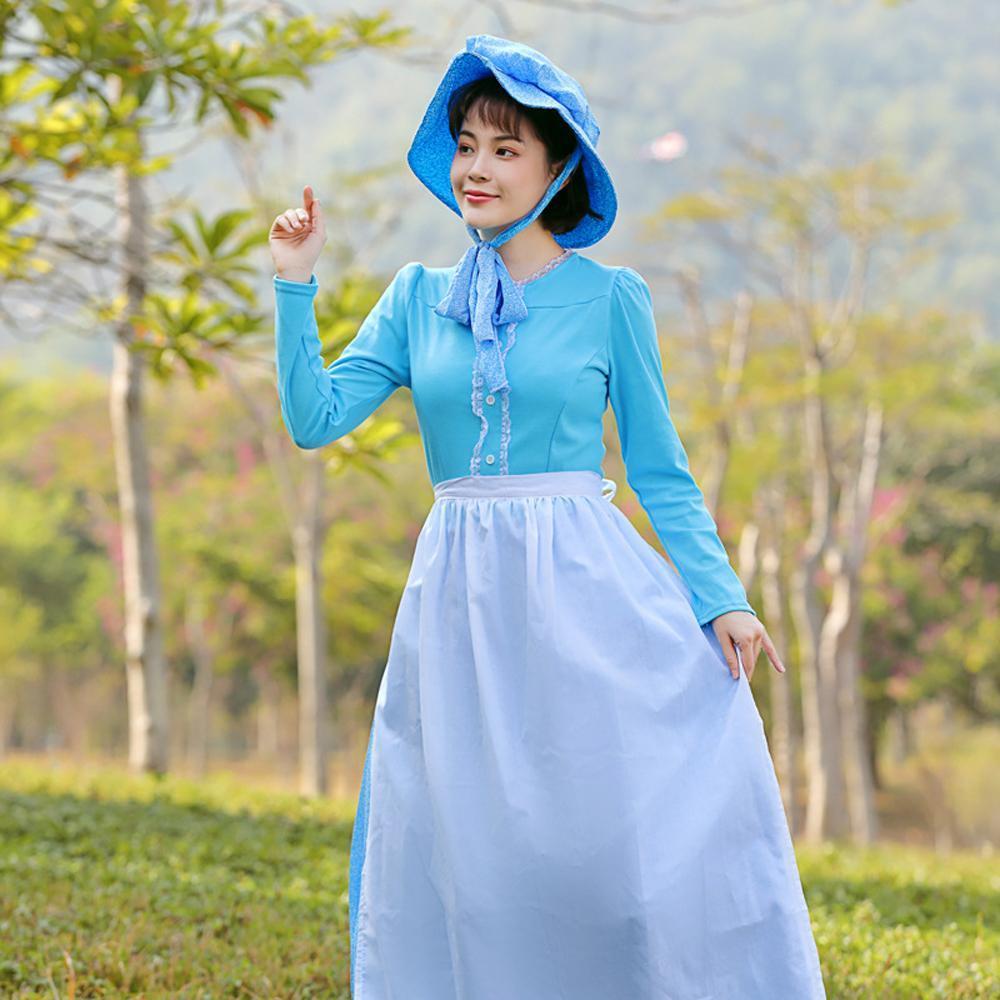Farm Picnic Light Blue Long Sleeve Polka Dot cosplay costumes dress for mom and me