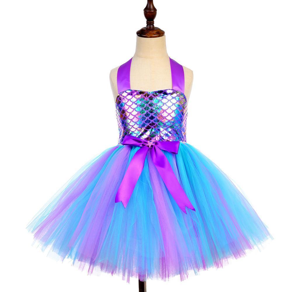 Kids Mermaid Tutu Birthday Party Mermaid Costume Sequins Blue Dress