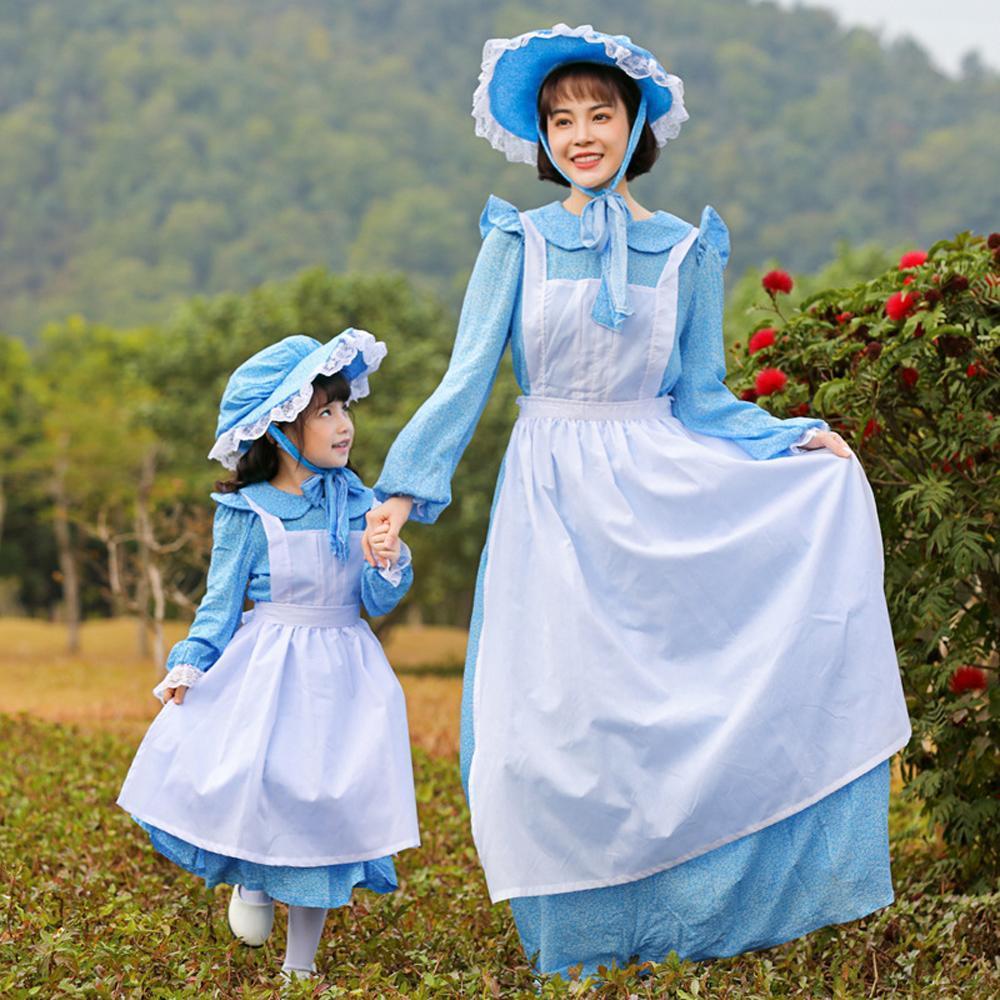 Light blue maid cosplay costumes dress for mom and me