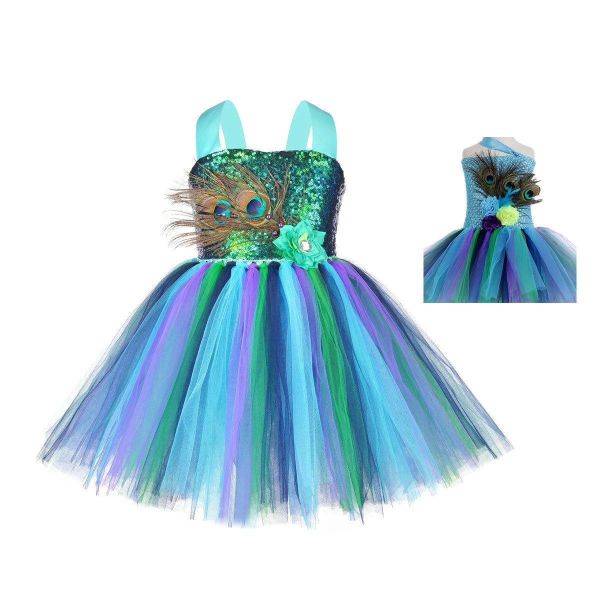 Kids Sequin Peacock Feather Costume Girls Easter Carnival Party Dress