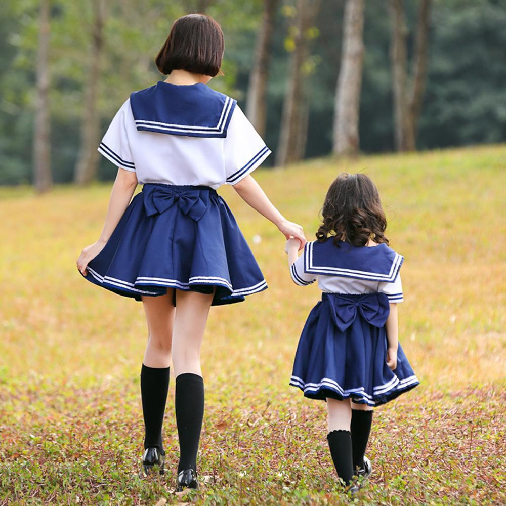 Japanese JK school uniform sailor cosplay navy tricolor bow tie Dress for Mom and Me
