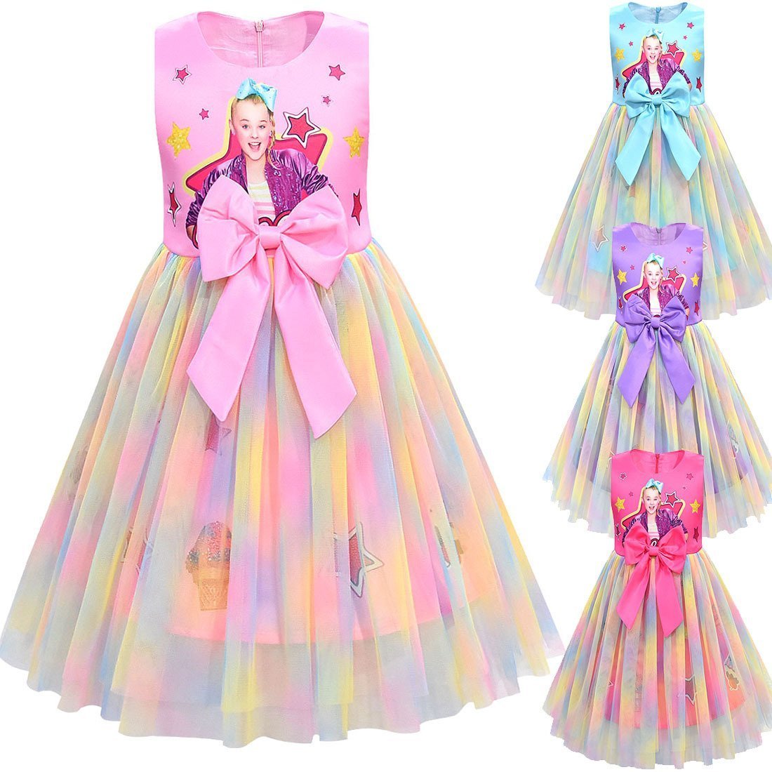 Girls Jojo Siwa Bow Dress Kids Party Birthday Mesh Princess Dress