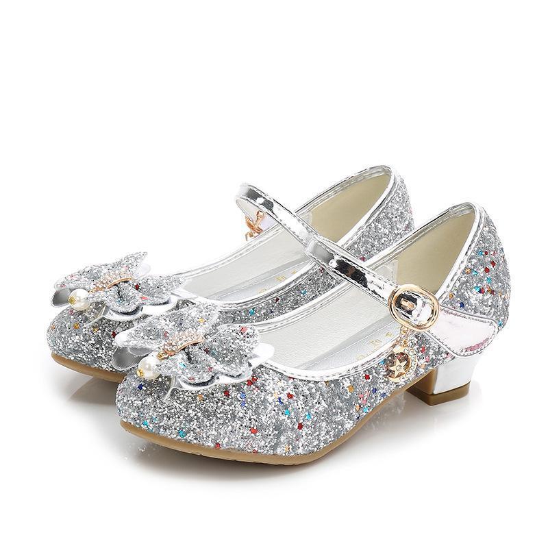 Girls Chunky Glitter Rock Bow Mary Jane Heels Dress Shoes