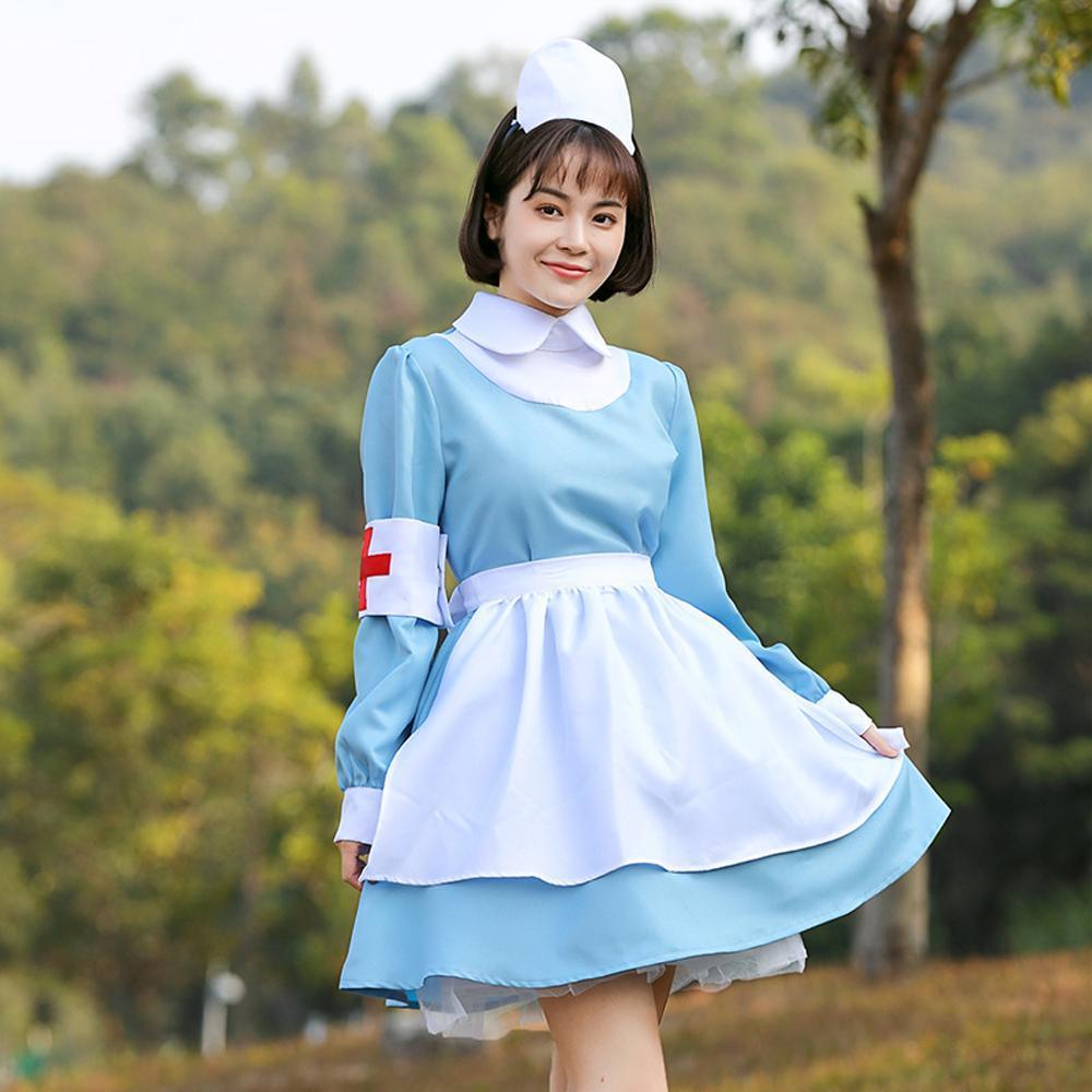 Blue and white maid Nurse cosplay costumes dress for adult and kids