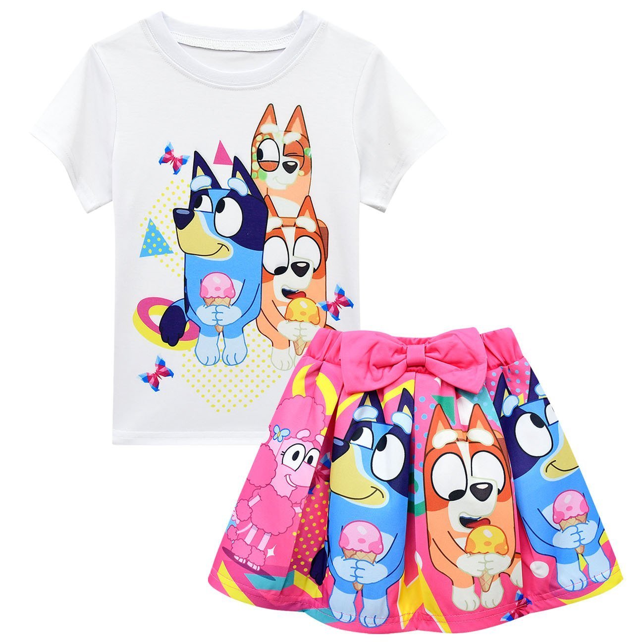 Bruy Short Sleeve Cartoon Pleated Skirt Bag Hat Set