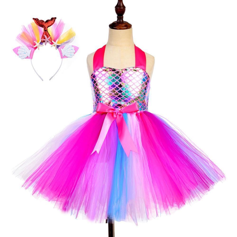 Kids Mermaid Tutu Princess Mermaid Costume Sequins Dress with Headband